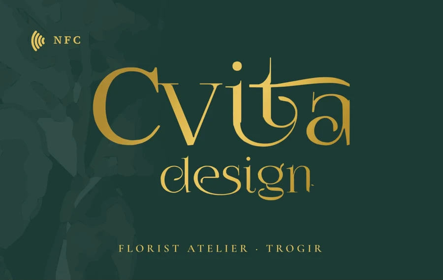 Kartica Cvita Designa: zlatni wordmark na tamnozelenoj podlozi s vodenim žigom lista, prednja strana