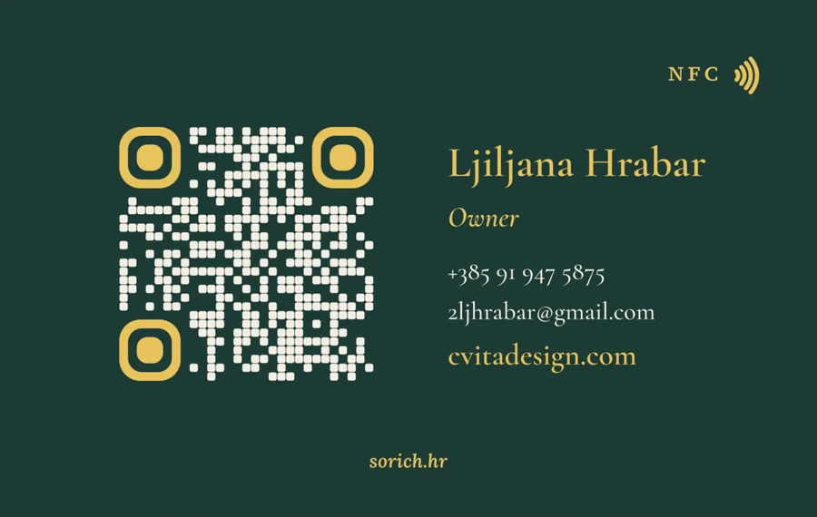 Kartica Cvita Designa: zlatni wordmark na tamnozelenoj podlozi s vodenim žigom lista, stražnja strana s QR kodom