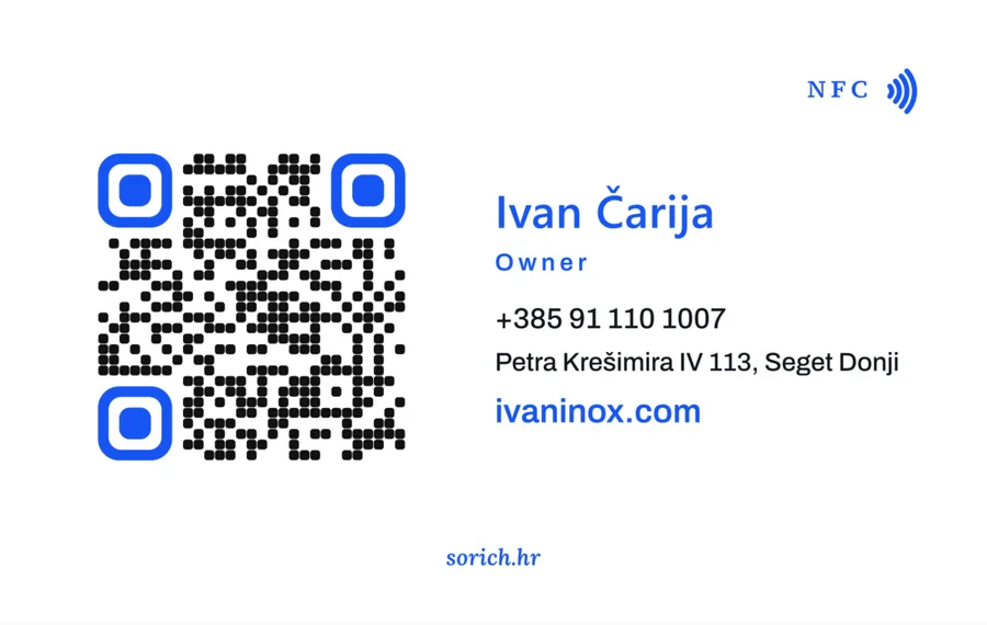 The Ivan Inox card: the wordmark set in two blue lines against a rule, white ground, back with the QR code
