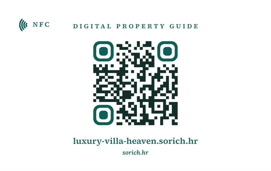 Kartica Luxury Villa Heaven: ime vile u serifu na bijeloj, a na poleđini vodič za goste, stražnja strana s QR kodom
