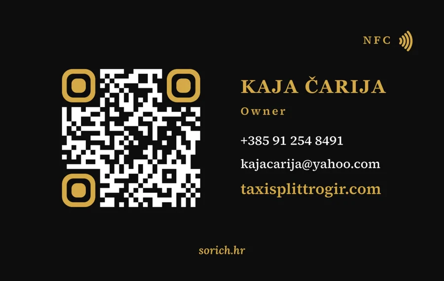 Kartica Plejo Taxija: zlatni automobil pod krunom na crnoj, iznad wordmarka, stražnja strana s QR kodom