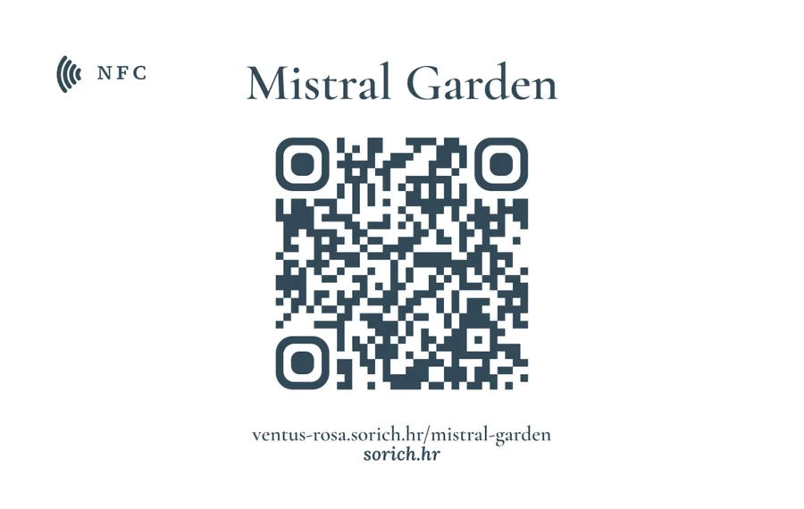 Kartica Ventus Rose za Mistral Garden: isti wordmark, ova jedinica imenovana na poleđini, stražnja strana s QR kodom